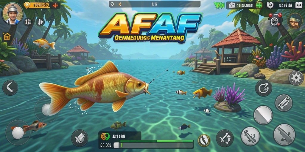 Gameplay AFAF dengan penangkapan ikan di lokasi tropis yang indah.