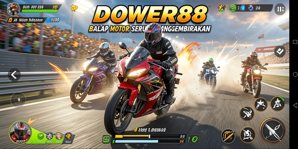 Screenshot DOWER88 menampilkan balapan motor yang mendebarkan.