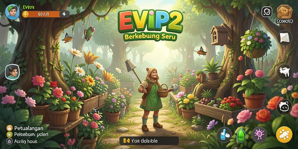 Tampilan gameplay <strong>EVIP2</strong> dengan kebun yang subur dan beragam tanaman.