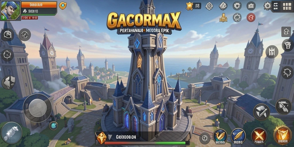 Tampilan utama gameplay GACORMAX dengan menara yang siap bertahan.