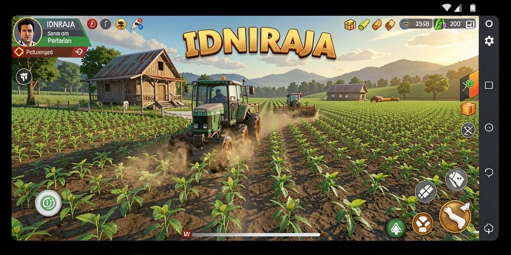 Tampilan gameplay menarik di IDNRAJA saat bertani di ladang.