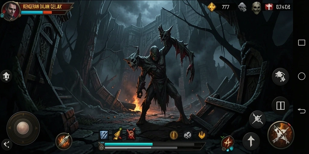 Screenshot gameplay L777 menampilkan momen mencekam saat karakter menghadapi makhluk menyeramkan.