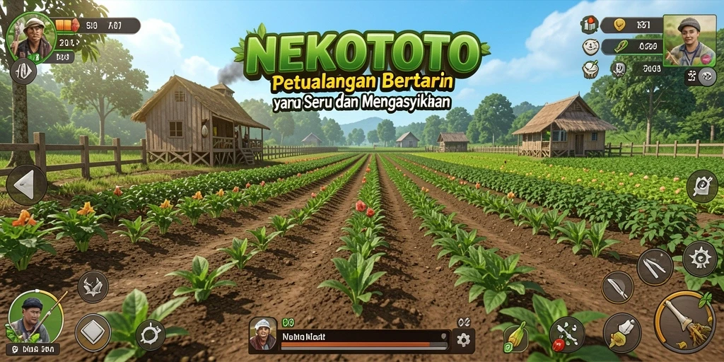 Screenshot utama NEKOTOTO menunjukkan gameplay bertani yang menarik dan interaktif.