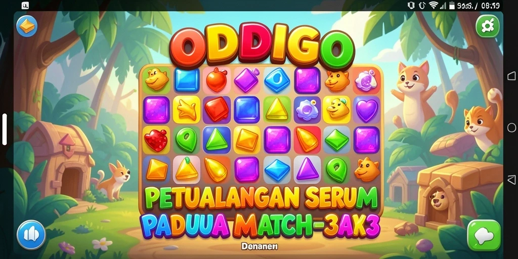 Screenshot utama ODDIGO menampilkan aksi mencocokkan permata yang seru.