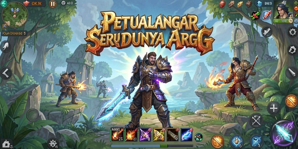 Screenshot menampilkan karakter bertarung di arena epic ARPG.