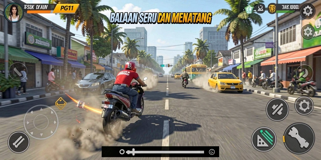 Screenshot PG11 menunjukkan balapan yang intens dan grafik yang tajam.