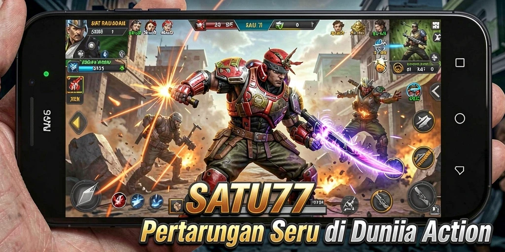 Screenshot SATU77 menampilkan aksi mendebarkan karakter menghadapi musuh.