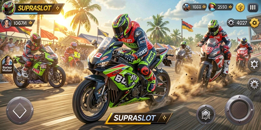 Gameplay SUPRASLOT yang menampilkan balapan motor yang intens.