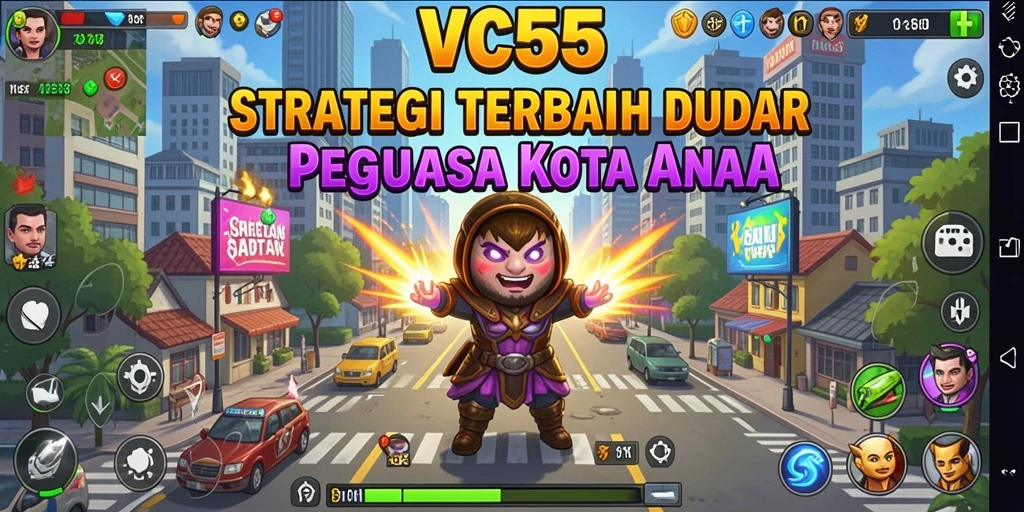 Screenshot gameplay VC55 yang menampilkan pembangunan kota dan strategi pertempuran.