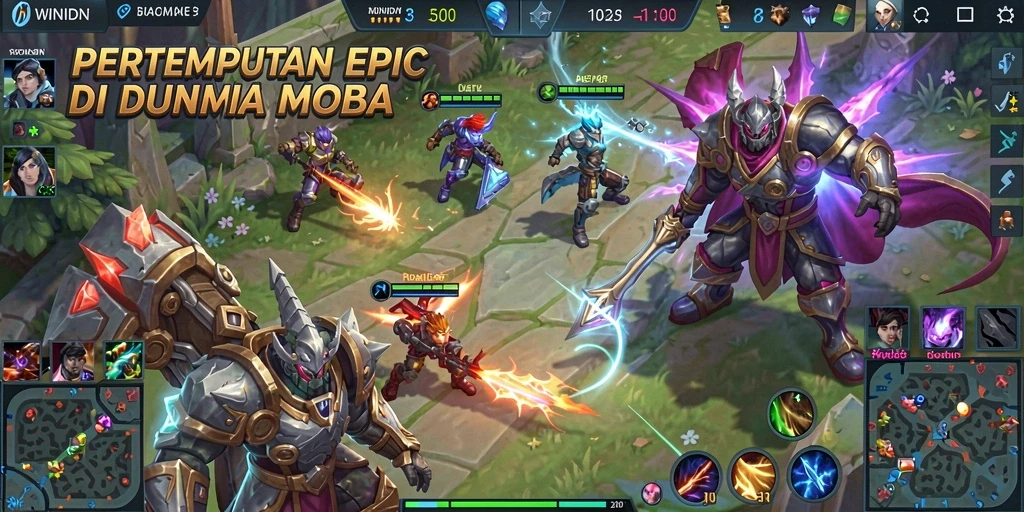 Tampilan gameplay MOBA yang seru dan kompetitif di WINIDN.